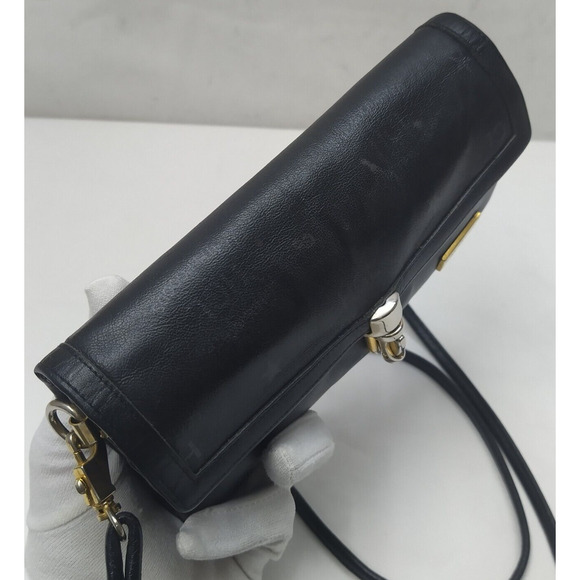 HCL Black Leather Pushlock Flap Closure Small Crossbody Bag - Vintage - Picture 3 of 16